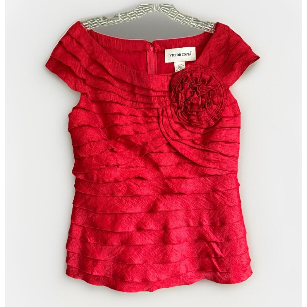 Vintage Victor Costa Tiered Ruffle Rosette Blouse Red Rayon‎ Y2K Formal Size 10
